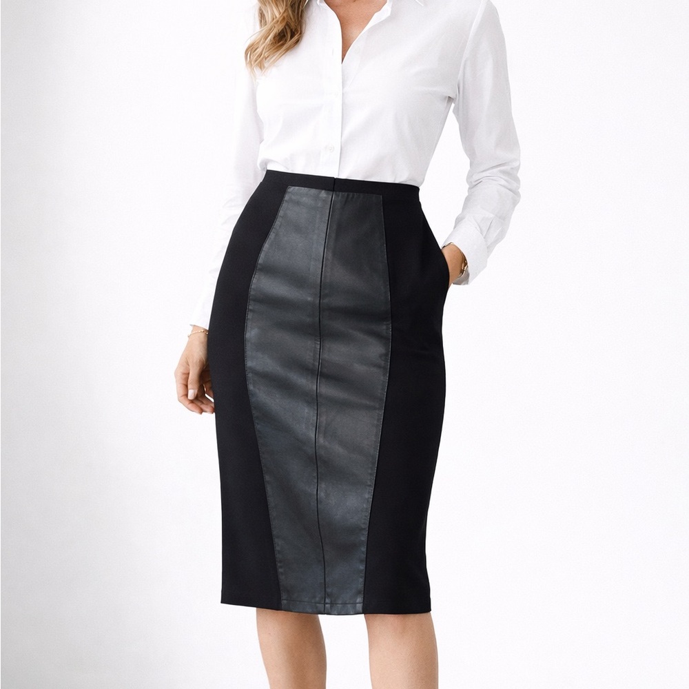 Neiman Marcus Vintage Leather Panel Pencil Skirt Black Size Medium